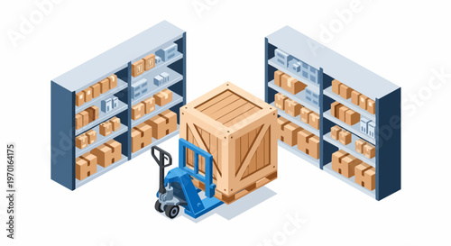 Isometric Warehouse Logistics and Storage Illustration with Pallet Jack, Large Wooden Crate, and Industrial Shelves for Supply Chain and Distribution Concept