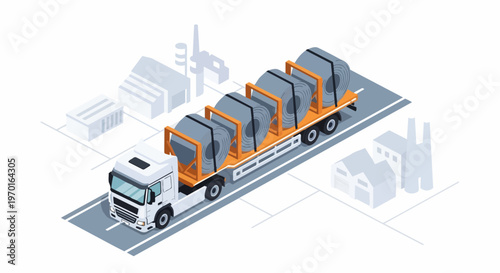 Isometric Semi-Truck Transporting Steel Coils on Flatbed Trailer in Industrial Zone, Heavy Cargo Logistics and Supply Chain Illustration