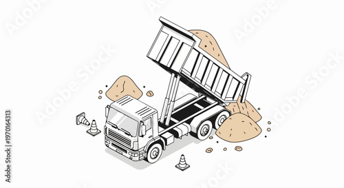 Tipper Truck Unloading Sand Isometric Line Art Vector Illustration for Construction and Logistics