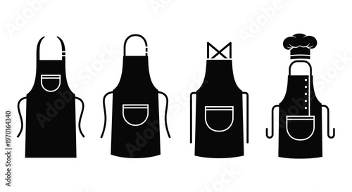 Four black aprons and a chef s hat in a bold silhouette