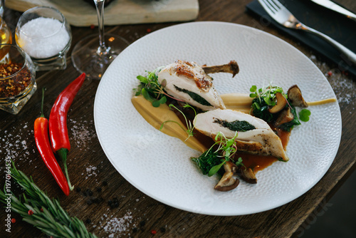 Exquisite Gourmet Chicken Dish Featuring a Savory Herb Filling and Colorful Vegetable Garnish