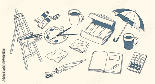 Whimsical sketch collection giraffe backpacks and travel accessories isolated on transparent background