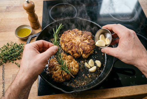 POV male chef hands searing Lions Mane mushroom steaks.