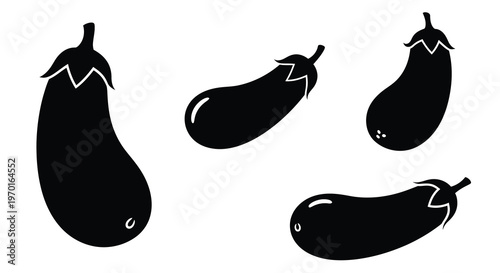 Black silhouettes of various eggplants displayed against a white background silhouette