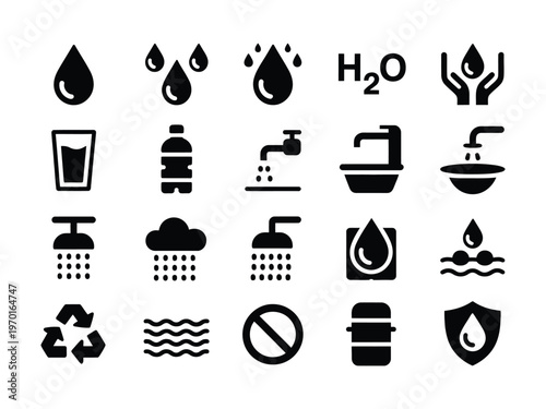 Collection of various water related icons and symbols representing hydration and conservation