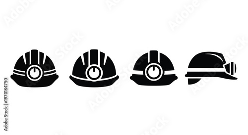 Four distinct hard hats displayed in a flat black silhouette