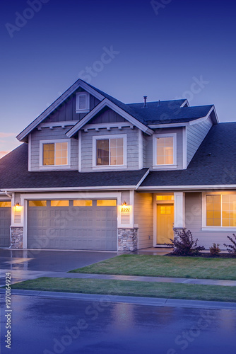 Modern Suburban House Exterior at Dusk with Warm Lights, Luxury Family Home with Garage and Front Yard