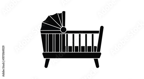 A black silhouette of a baby crib with detailed design features silhouette