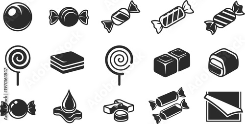 Black candy and sweets icon set including lollipop chocolate caramel toffee and wrapped candies, silhouette confectionery collection isolated on white background