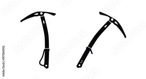 Two ice axes depicted in a stark black graphic silhouette
