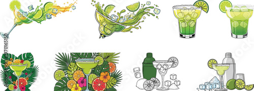 Margarita Cocktail Vector Illustration Set – Lime Tequila Drink, Frozen & Classic Margarita Glass with Citrus, Ice & Tropical Elements