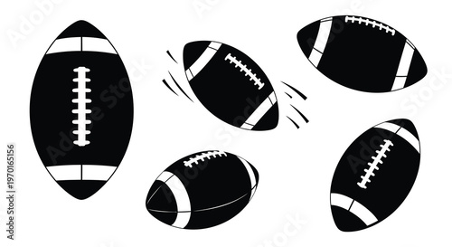 American footballs in various poses a striking black silhouette