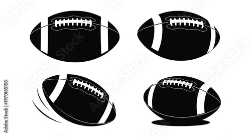 Four black and white american footballs presented in a dynamic silhouette
