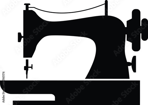 Classic black silhouette of a vintage sewing machine with needle and thread spool on transparent background