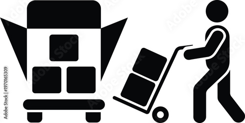 Silhouette figure pushing a cart with boxes next to an open cargo truck filled with packages