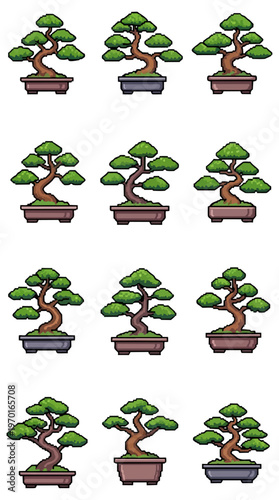 Bonsai trees collection stylized digital illustrations on black background