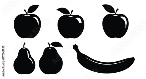 Black silhouettes of apples pears and a banana on a white background silhouette