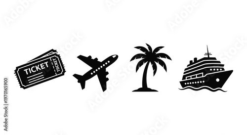 Travel icons representing vacation options ticket plane palm and ship silhouette