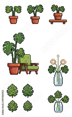 Pixelated plant collection monstera deliciosa illustrations on black