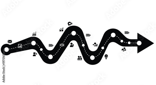 A winding path with circular nodes and icons symbolizing a complex journey