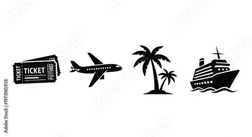 Travel icons depicting tickets planes palms and ships silhouette