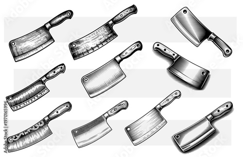 Butcher meat cleaver, chef knife collection, vintage engraved style set of kitchen meat choppers, retro hand drawn butcher shop tools, meat cutting equipment