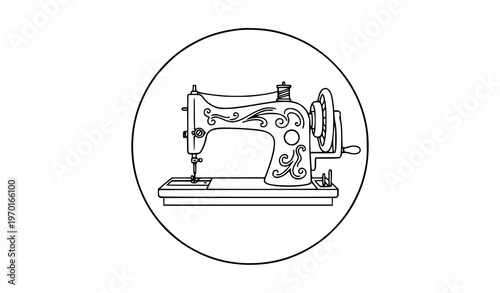 Vintage sewing machine in circular frame line art vector for craft and textile design isolated on white background
