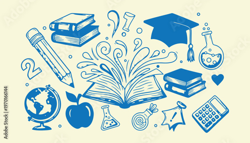 Blue line art educational elements featuring books pencil globe and laboratory glassware.
