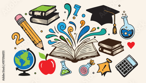 Educational doodle collection with book pencil globe graduation hat and science equipment.