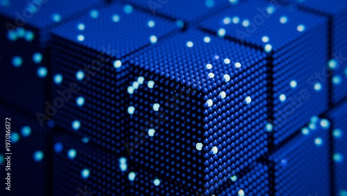 Cubes of spheres in blue with several activated as lights in different colors. Shallow depth of field. Neural activity, memory blocks, data center, blockchain, quantum computing, simulation concept.