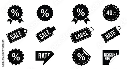 Black sale badges and discount labels in a striking silhouette