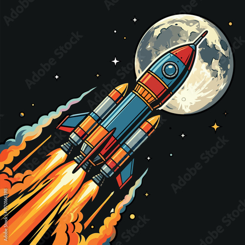 Moon conquest. Retro space rocket launching to the moon over black background