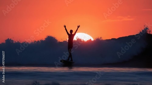 Silhouette of a surfer with arms raised in triumph on a surfboard, riding a wave during a dramatic orange sunset