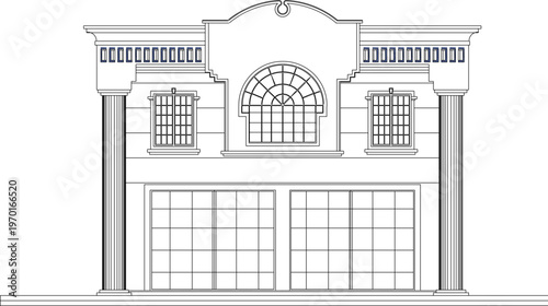 Detailed Old Multi-Storey Building Elevation Schematic with Classic Balconies and Vintage Arched Entrance Layouts for Architecture Art