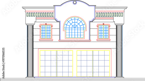 Detailed Old Multi-Storey Building Elevation Schematic with Classic Balconies and Vintage Arched Entrance Layouts for Architecture Art.