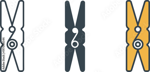 Minimalist Clothespin Icon Set Featuring Three Peg Designs In Outline Solid Black And Yellow Color Styles For Laundry Service