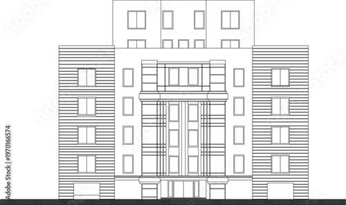 Detailed Facade Elevation for a Vintage Urban Building Featuring Classic Archways and Old Architecture Symmetrical Window Layouts