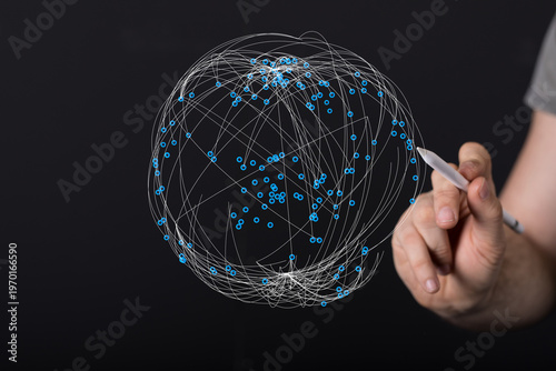 Bilde på lerret Visual representation of global network with digital connections and hand using pen