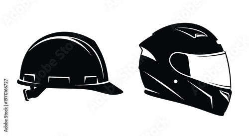 Construction and motorcycle helmets displayed as a striking black silhouette