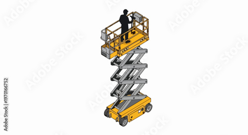 Isometric Illustration of a Yellow Scissor Lift with Worker Silhouette, Industrial Aerial Work Platform for Construction and Maintenance Projects