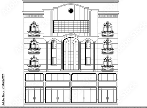Technical Architecture Blueprint of a Classic Multi-Storey Building Featuring Vintage Facade Proportions and Old World Design Elements