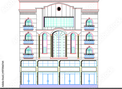 Technical Architecture Blueprint of a Classic Multi-Storey Building Featuring Vintage Facade Proportions and Old World Design Elements