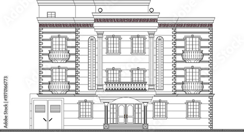 Elegant Old Architecture Elevation Featuring Classic Building Window Treatments and Vintage Grand Entryway Archways for Construction Documentation