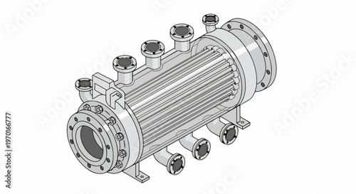 Shell and Tube Heat Exchanger Isometric Technical Drawing - Industrial Thermal Energy Equipment Illustration