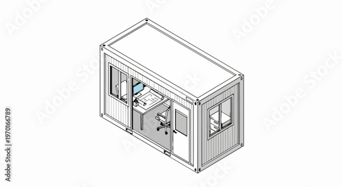 Isometric Line Art Illustration of a Shipping Container Office with Desk, Computer, and Architectural Blueprints for Construction Site Management