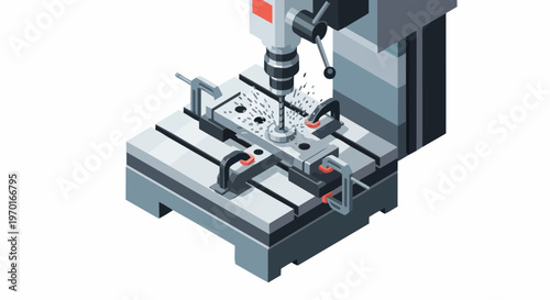 Isometric Industrial Drill Press Machine Drilling Metal Part on Workbench, Heavy Duty Vertical Drilling Equipment for Manufacturing and Engineering Workshop