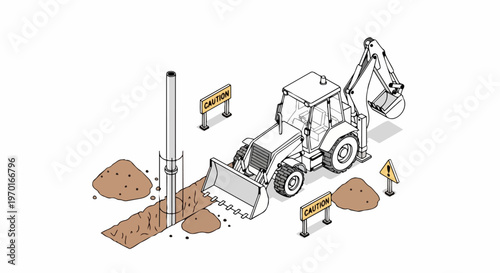 Isometric Backhoe Loader Digging Trench for Utility Pipe Installation - Construction Site Line Art Illustration