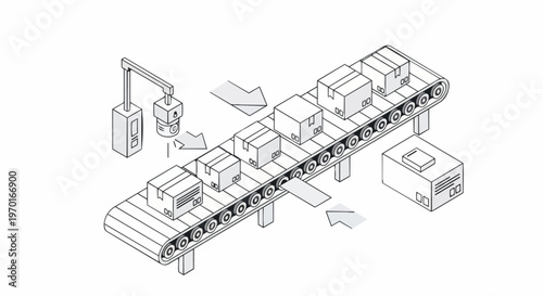 Isometric line art illustration of an automated conveyor belt with boxes and a robotic scanner, representing logistics, smart warehousing, and supply chain management.
