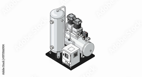 Isometric Industrial Air Compressor System Technical Illustration with Storage Tank and Motor Unit