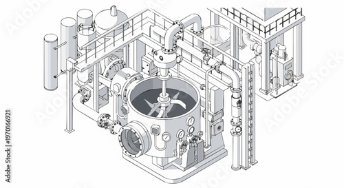 Industrial Chemical Processing Plant Isometric Line Art Illustration - Technical Drawing of Factory Equipment, Pipes, and Mixing Tank